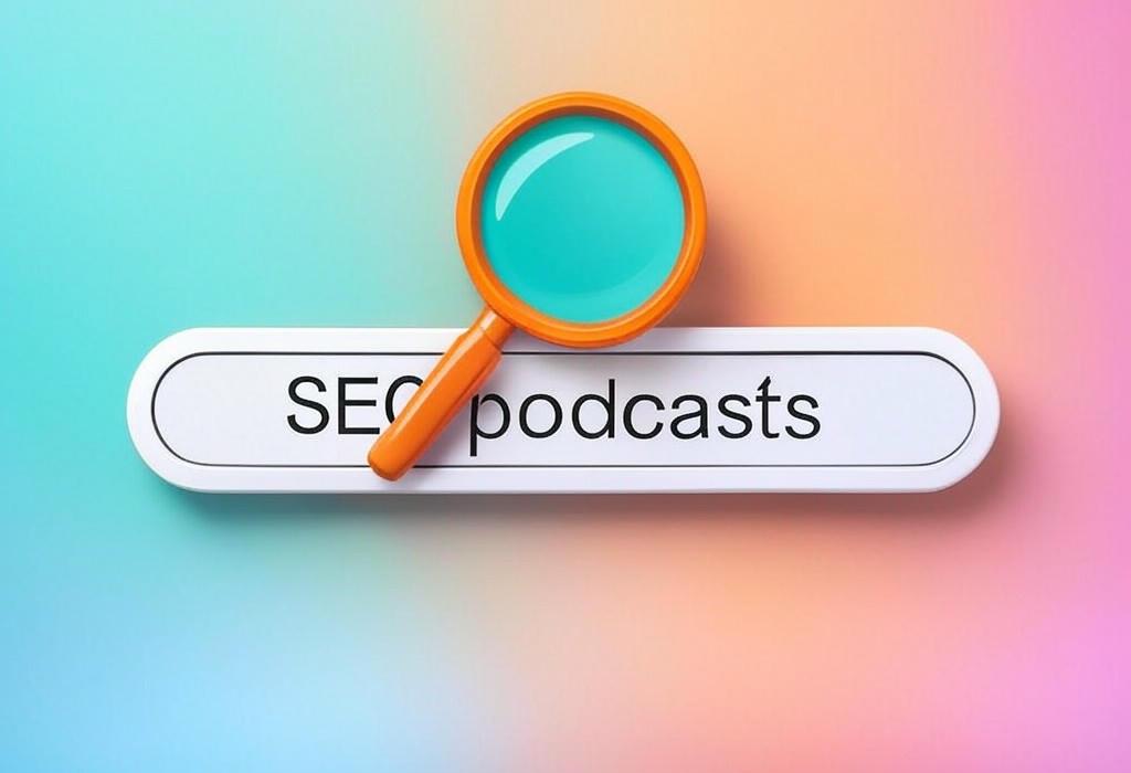 A search bar and a magnifying glass with a vivid gradient background exploring the topic of SEO podcasts that will supercharge your rankings and reveal insider secrets the experts don't want you to know. Tune in, learn fast, and watch your traffic soar!