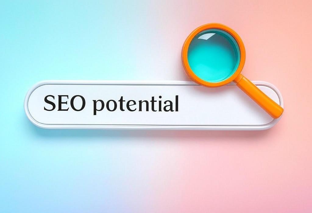 A search bar and a magnifying glass with a vivid gradient background exploring the topic of SEO potential is your website's hidden goldmine waiting to be unlocked. Discover how to evaluate and maximize your ranking opportunities to drive more traffic and crush competitors in the SERP race.