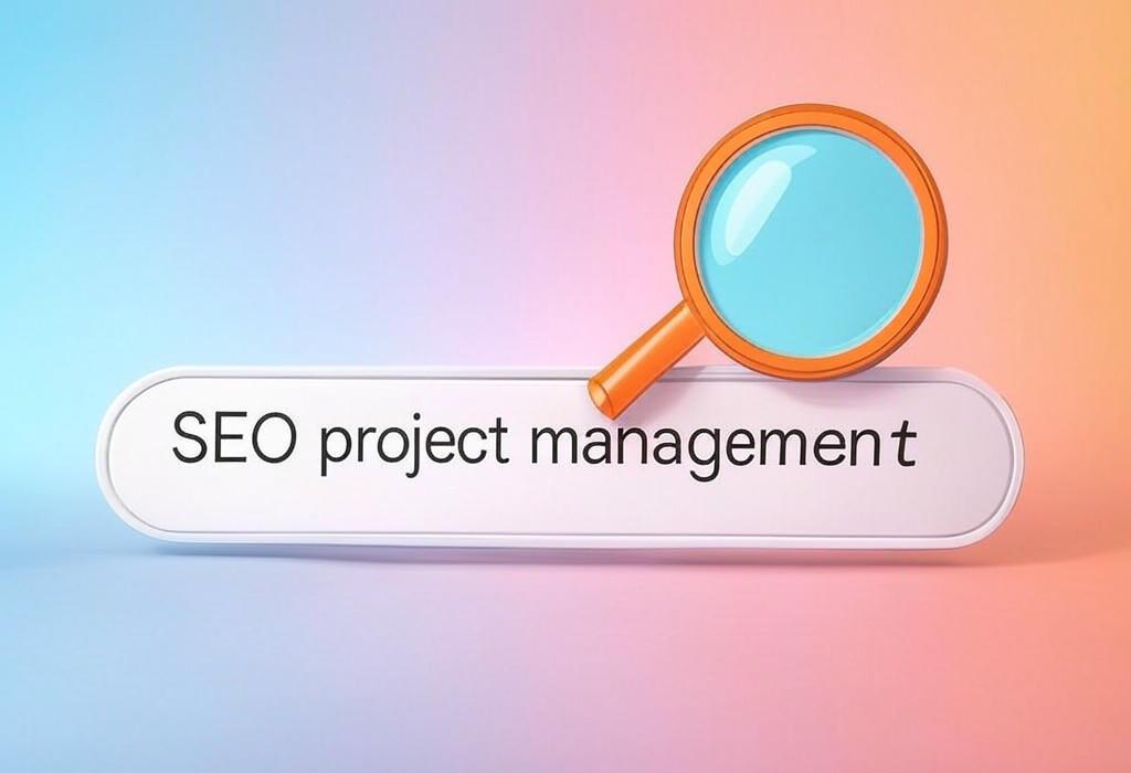 A search bar and a magnifying glass with a vivid gradient background exploring the topic of SEO project management made simple: Discover practical strategies to organize your campaigns, boost rankings, and drive results. Stop feeling overwhelmed and start seeing real traffic growth!