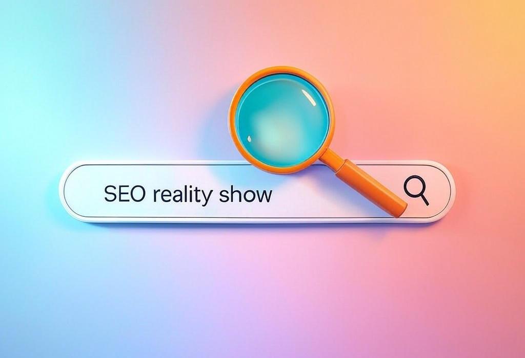 A search bar and a magnifying glass with a vivid gradient background exploring the topic of SEO reality show: Watch as businesses battle for top rankings! See the sweet success of a bakery's transformation while learning proven strategies to boost your own website visibility.