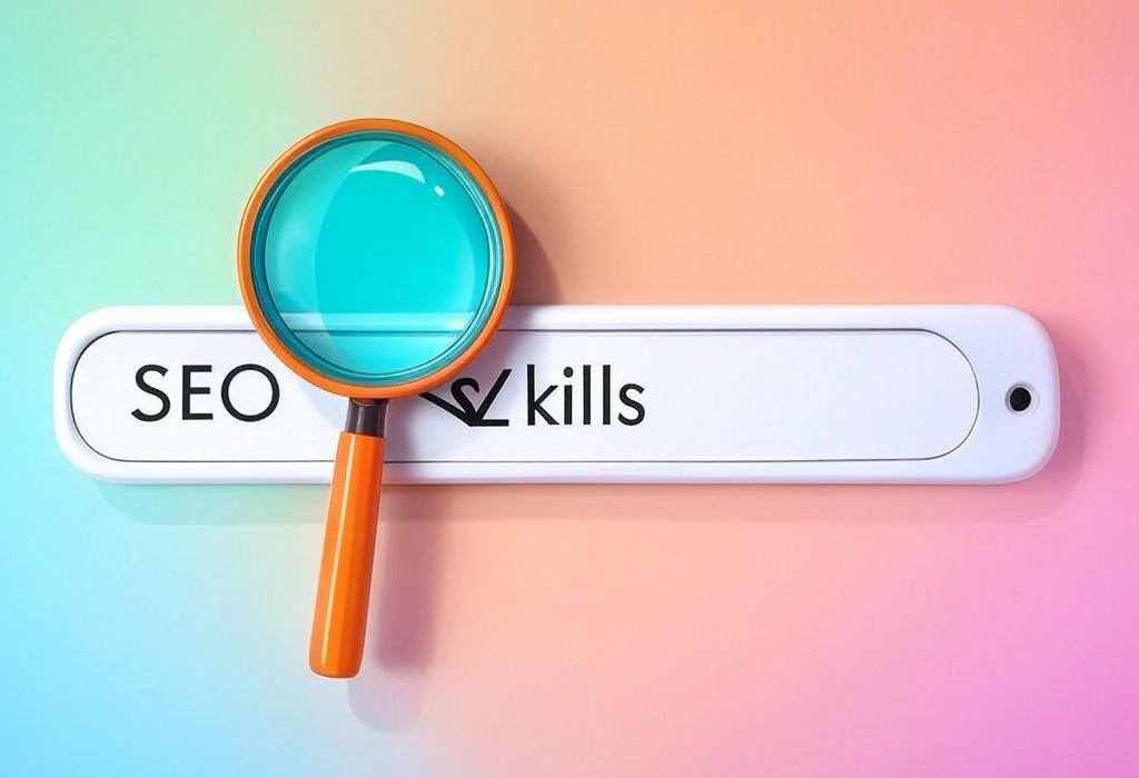 A search bar and a magnifying glass with a vivid gradient background exploring the topic of SEO skills unlock digital success! Discover essential techniques that boost your visibility, attract more visitors, and outrank competitors. Learn what experts don't want you to know about dominating search results.