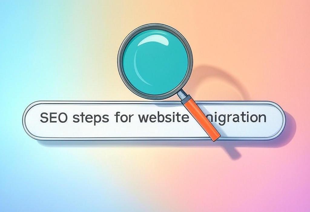 A search bar and a magnifying glass with a vivid gradient background exploring the topic of Planning flawless SEO steps for website migration? Avoid traffic drops and ranking chaos with our expert guide. Move your site without losing search visibility!
