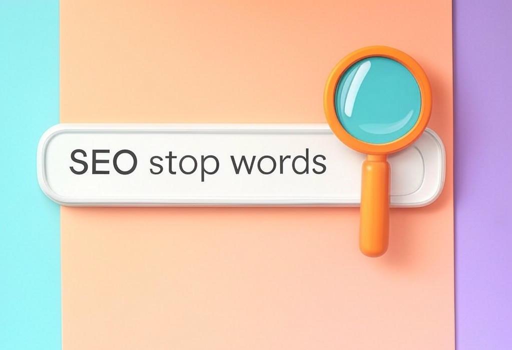 A search bar and a magnifying glass with a vivid gradient background exploring the topic of SEO stop words might be killing your rankings! Discover which common words to remove from your content to boost search visibility and get more clicks. Find out the truth now.