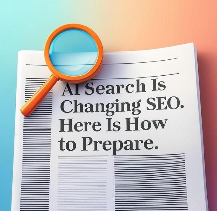 A newspaper and a magnifying glass with a vivid gradient background exploring the topic of AI search will make or break your brand. Your old SEO tactics won't work anymore. Discover the new rules for staying visible and getting clicks in the AI era.