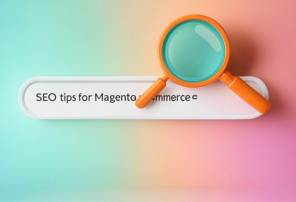 A search bar and a magnifying glass with a vivid gradient background exploring the topic of Boost your online store visibility with proven SEO tips for Magento e-commerce. Learn how to outrank competitors, attract more shoppers, and turn browsers into buyers without hiring expensive experts.