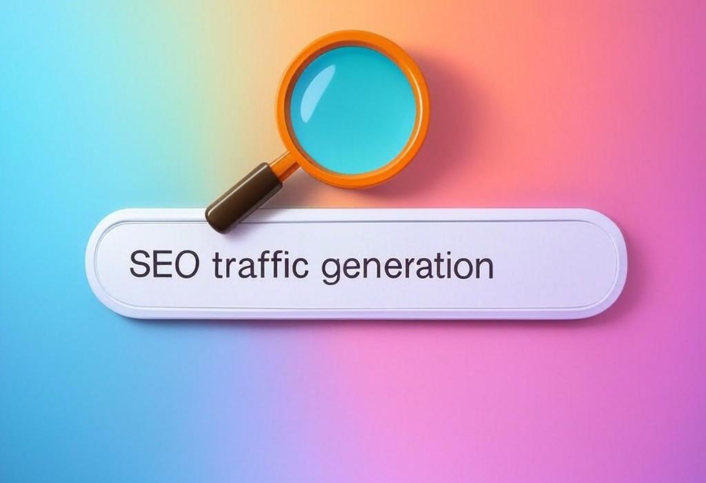 A search bar and a magnifying glass with a vivid gradient background exploring the topic of SEO traffic generation secrets revealed! Learn powerful strategies to boost your website visibility and attract more visitors. Discover how to unlock organic growth without spending a fortune.