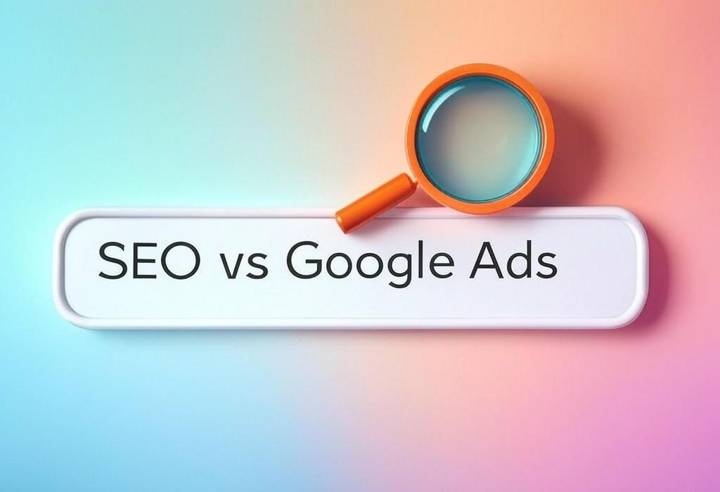 A search bar and a magnifying glass with a vivid gradient background exploring the topic of SEO vs Google Ads: Which drives better traffic at lower cost? Discover the secret formula marketing pros don't want you to know about maximizing ROI for your business.