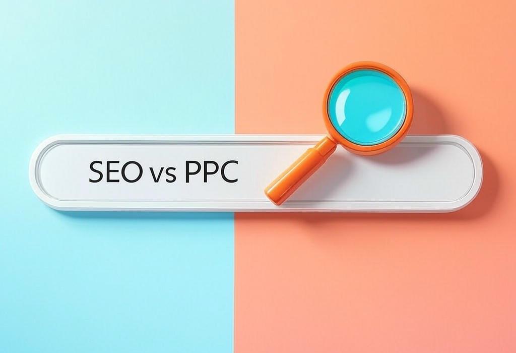 A search bar and a magnifying glass with a vivid gradient background exploring the topic of SEO vs PPC: Unlock the perfect traffic strategy that boosts your rankings while saving thousands on ads. Find out which magic mix drives more clicks to your site!