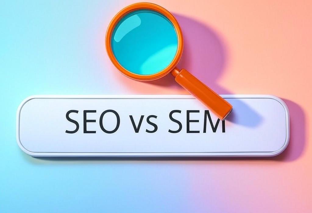 A search bar and a magnifying glass with a vivid gradient background exploring the topic of SEO vs SEM: Uncover the crucial differences and discover which digital strategy will skyrocket your rankings and drive more traffic to your website. Don't miss these insider tips!