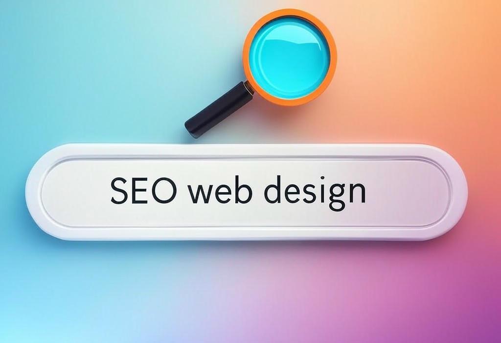 A search bar and a magnifying glass with a vivid gradient background exploring the topic of SEO web design secrets that boost your rankings and transform visitors into customers. Discover how to create a beautiful website that search engines and users will love!