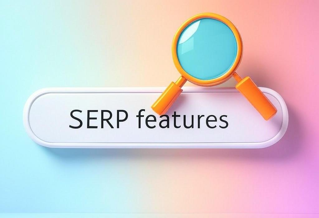 A search bar and a magnifying glass with a vivid gradient background exploring the topic of SERP features transform search results from boring links to eye-catching elements. Discover how these powerful snippets can skyrocket your visibility and steal clicks from competitors, even if you're not ranked #1!