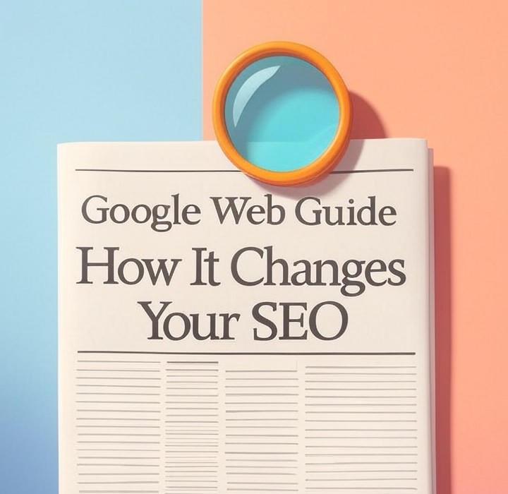 A newspaper and a magnifying glass with a vivid gradient background exploring the topic of Google's Web Guide is shaking up the SERP. Is your SEO strategy about to become obsolete? Here's what you need to know to adapt and protect your rankings.