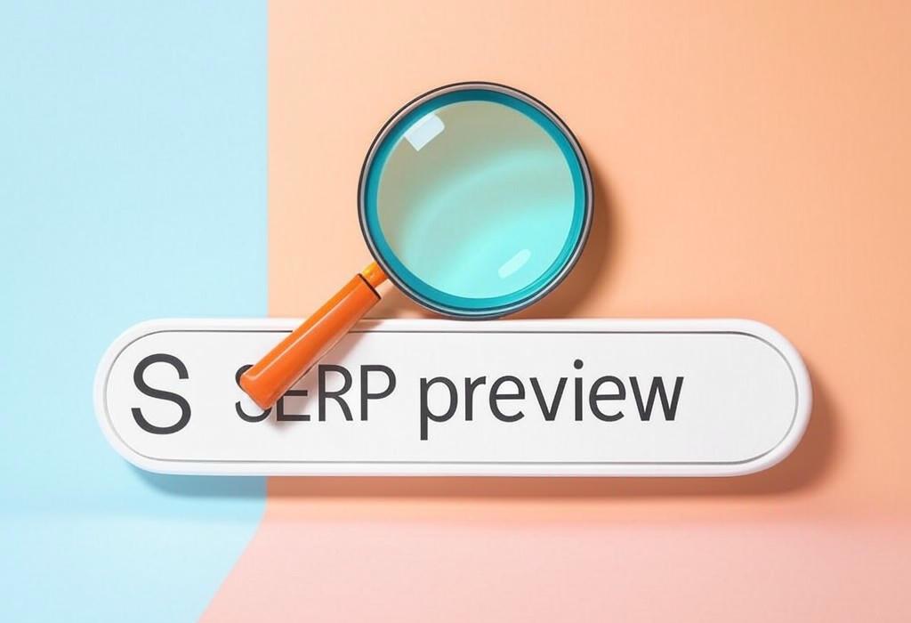 A search bar and a magnifying glass with a vivid gradient background exploring the topic of SERP preview lets you see how your page appears in search results before it goes live. Avoid embarrassing mistakes and boost your clicks with this powerful tool. Try it now!