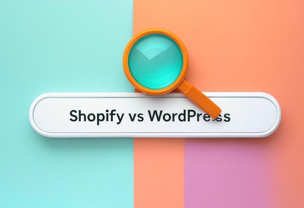 A search bar and a magnifying glass with a vivid gradient background exploring the topic of Shopify vs WordPress: Discover which platform will skyrocket your online store! Find the perfect match for your business needs and budget without the technical headaches. Click for expert insights!