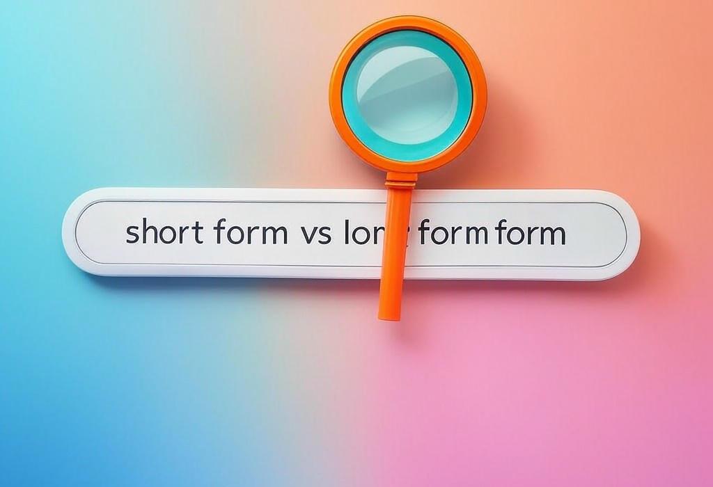 A search bar and a magnifying glass with a vivid gradient background exploring the topic of Short form vs long form content: Which drives more traffic? Discover the surprising winner in this data-backed comparison and learn when to use each format for maximum impact.