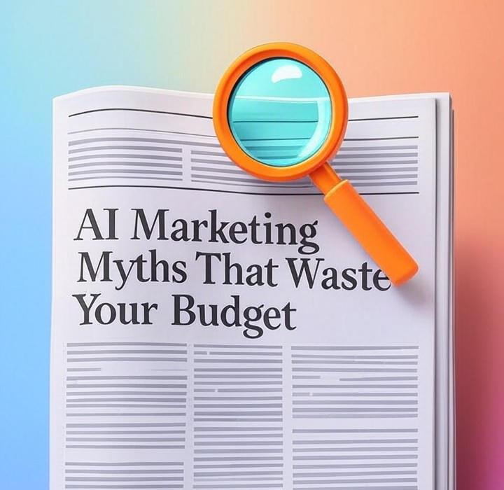 A newspaper and a magnifying glass with a vivid gradient background exploring the topic of AI marketing myths could be killing your ROI. Are you falling for these expensive misconceptions? We expose 8 common beliefs that are secretly costing you money.