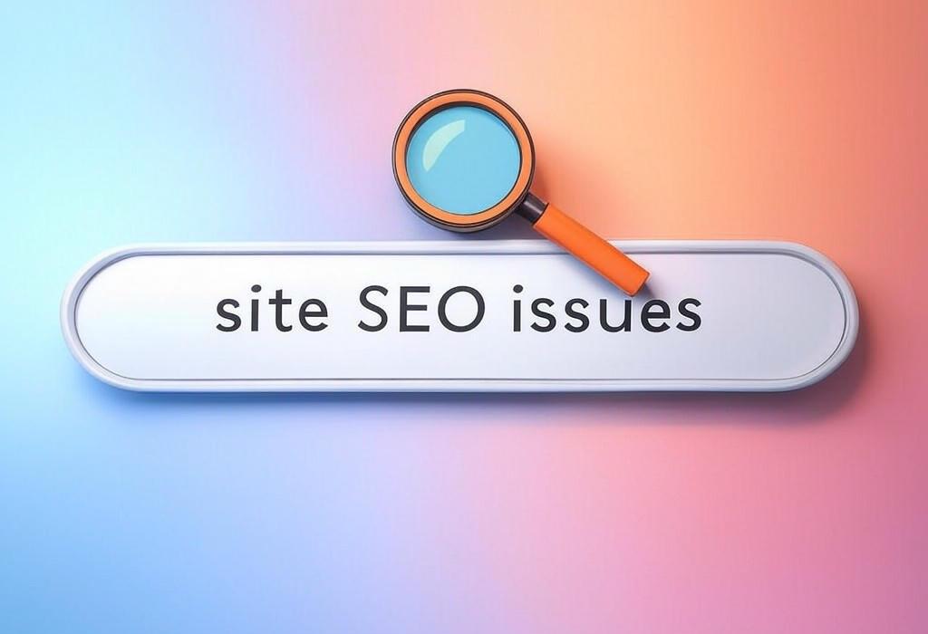 A search bar and a magnifying glass with a vivid gradient background exploring the topic of Site SEO issues can tank your rankings without warning! Discover common problems affecting your website performance and learn how to fix them fast. Your traffic will thank you.