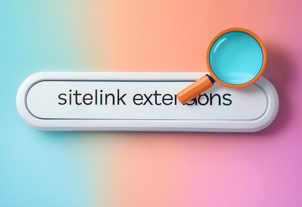 A search bar and a magnifying glass with a vivid gradient background exploring the topic of Sitelink extensions boost your ad's real estate and CTR. Learn how these clickable shortcuts drive more traffic and conversions while making your ads stand out from competitors.