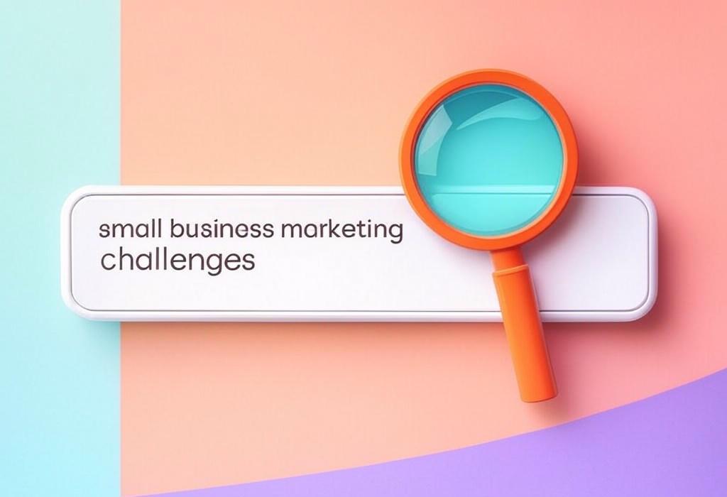 A search bar and a magnifying glass with a vivid gradient background exploring the topic of Small business marketing challenges got you stumped? Discover actionable solutions that won't break the bank! Overcome common obstacles and watch your business grow with our expert tips.