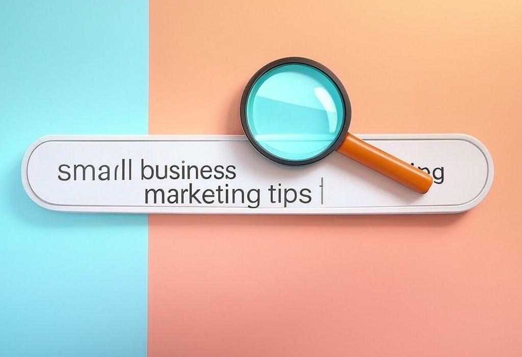 A search bar and a magnifying glass with a vivid gradient background exploring the topic of Small business marketing tips that actually work! Boost your visibility, attract customers, and grow your profit without breaking the bank. Get proven strategies now.