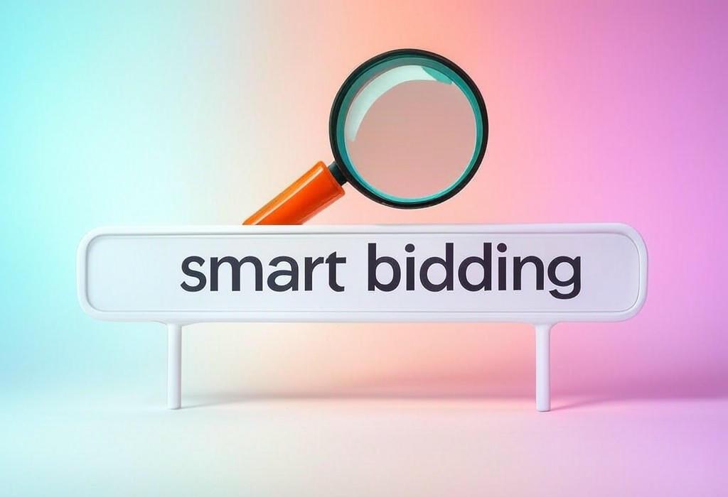 A search bar and a magnifying glass with a vivid gradient background exploring the topic of Smart bidding maximizes your ad ROI with AI-powered automation. Discover how to let algorithms optimize your bids while you focus on strategy and campaign growth.