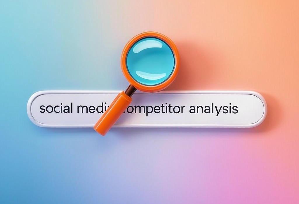 A search bar and a magnifying glass with a vivid gradient background exploring the topic of Social media competitor analysis unlocks your rivals' secrets! Discover what works for them and beat their strategy with proven tactics that will skyrocket your online presence.