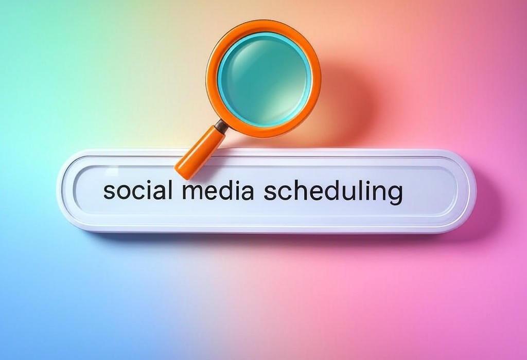 A search bar and a magnifying glass with a vivid gradient background exploring the topic of Social media scheduling made easy! Discover time-saving tools and expert strategies to boost your online presence while working smarter. Never miss prime posting times again.