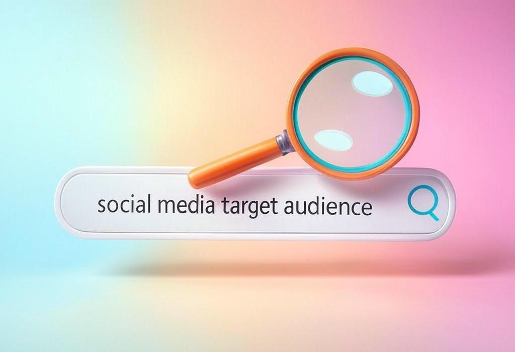 A search bar and a magnifying glass with a vivid gradient background exploring the topic of Discover social media target audience secrets that transform followers into customers. Unlock proven strategies to find, engage, and connect with your perfect audience online.
