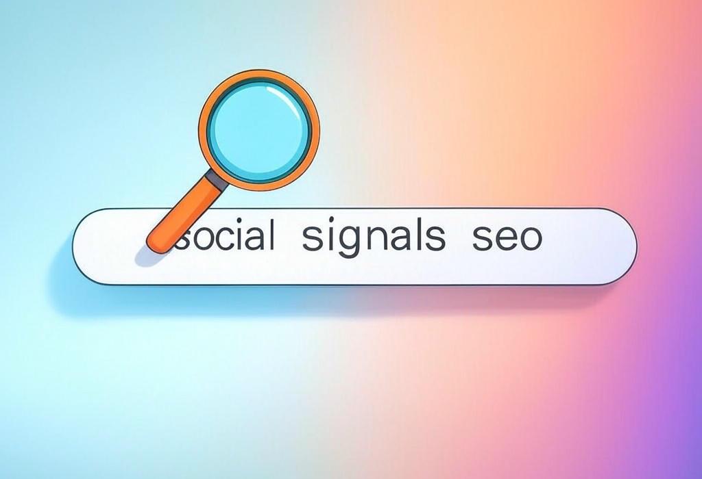 A search bar and a magnifying glass with a vivid gradient background exploring the topic of Social signals SEO: Discover how likes, shares, and comments boost your search rankings. Unlock the secret connection between social media engagement and higher visibility online.