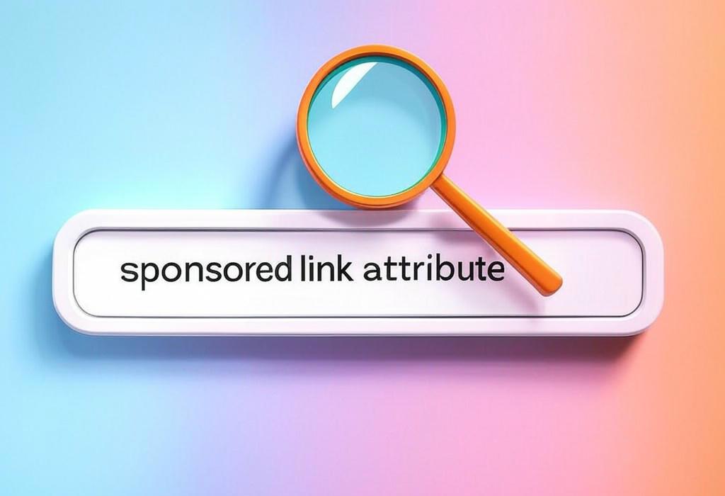 A search bar and a magnifying glass with a vivid gradient background exploring the topic of Sponsored link attribute: Learn how this tiny HTML tag can keep you on Google's good side and protect your site from penalties. Boost your SEO with this simple ethical linking practice!