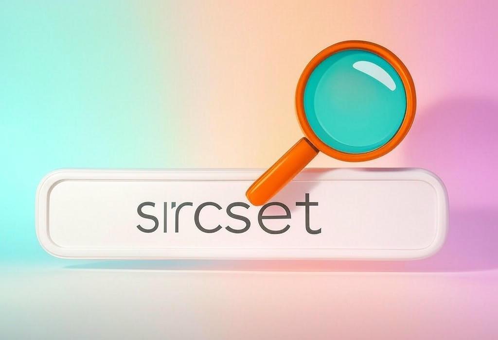 A search bar and a magnifying glass with a vivid gradient background exploring the topic of Srcset: the HTML attribute that delivers perfectly sized images to all devices. Stop wasting bandwidth and boost loading speed by serving optimized visuals your users will love!