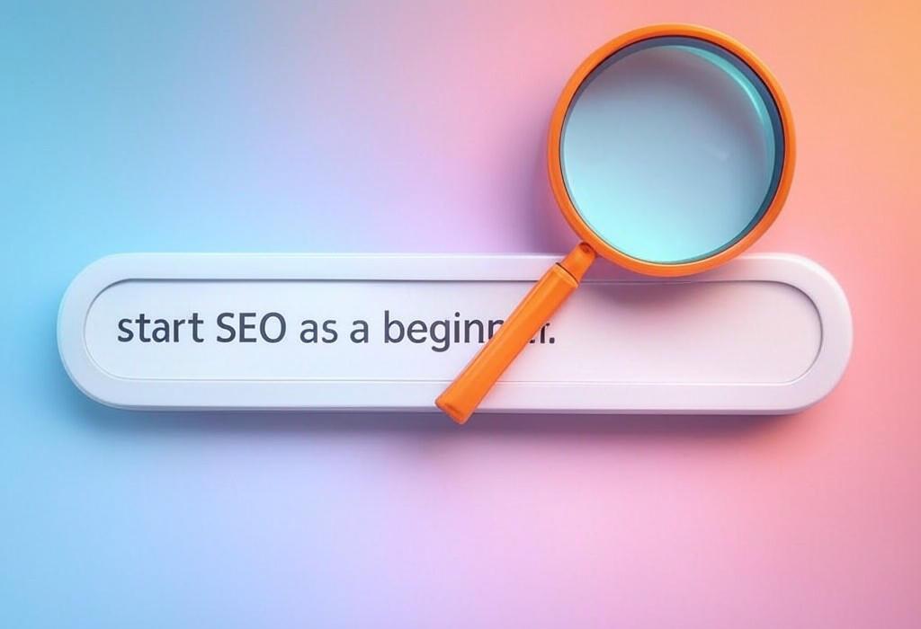 A search bar and a magnifying glass with a vivid gradient background exploring the topic of Start SEO as a beginner with our foolproof guide! Discover simple strategies, avoid costly mistakes, and outrank competitors without technical headaches. Your path to search success starts here!