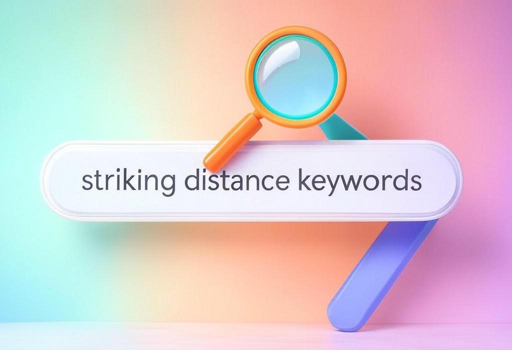 A search bar and a magnifying glass with a vivid gradient background exploring the topic of Striking distance keywords are your SEO secret weapon! Discover how these almost-ranking terms can catapult your site to page one. Turn 