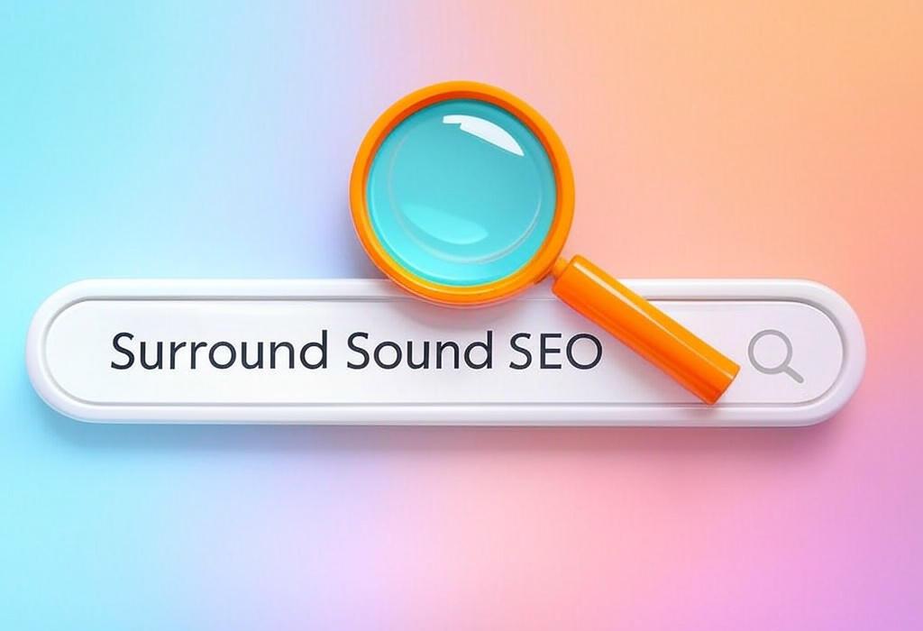 A search bar and a magnifying glass with a vivid gradient background exploring the topic of Surround Sound SEO: Dominate search results by appearing everywhere your customers look. Boost visibility, build trust, and drive more traffic with this powerful brand omnipresence strategy.