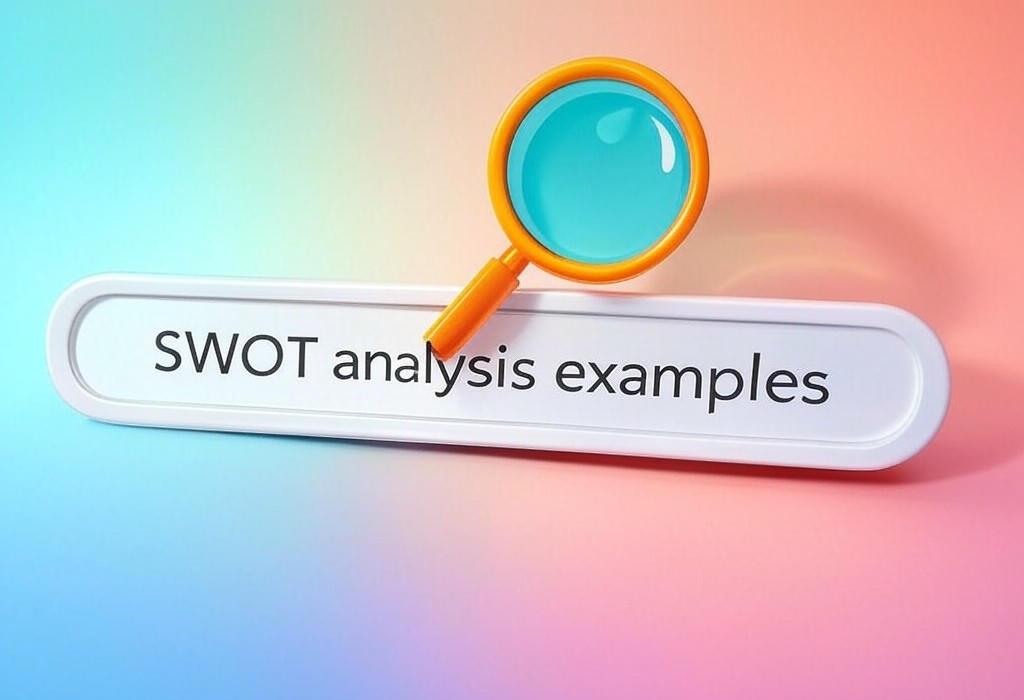A search bar and a magnifying glass with a vivid gradient background exploring the topic of SWOT analysis examples that will revolutionize your strategic planning. Discover how top brands leverage their strengths and turn weaknesses into opportunities. Get inspired now!