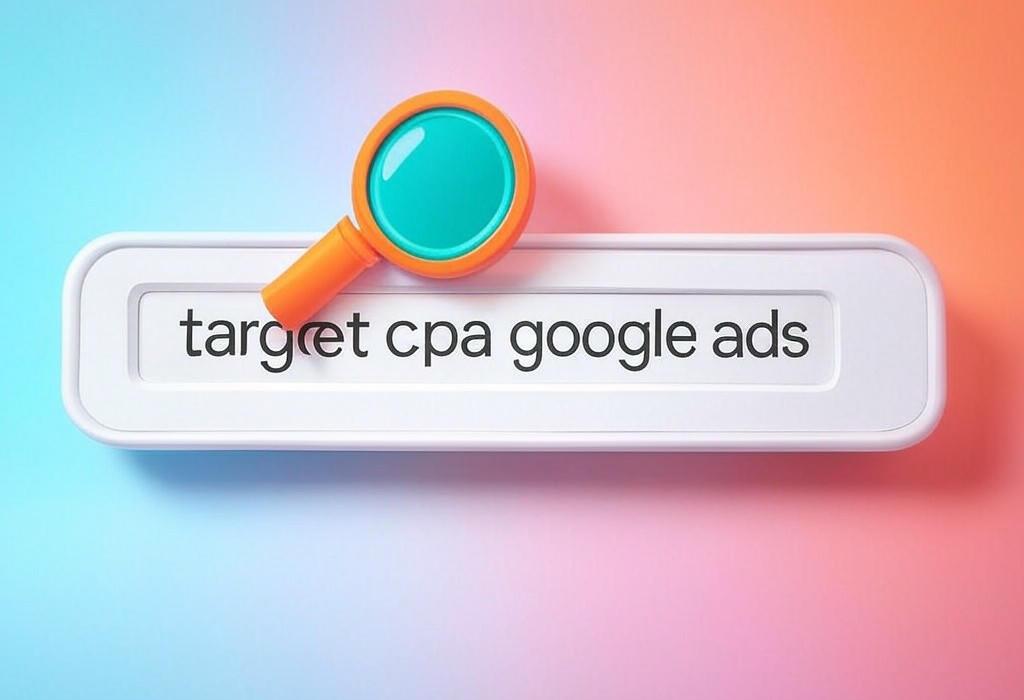 A search bar and a magnifying glass with a vivid gradient background exploring the topic of Target CPA Google Ads maximizes your ROI without breaking the bank! Learn how this smart bidding strategy gets you quality leads at your ideal cost per action. Stop overpaying for clicks today!