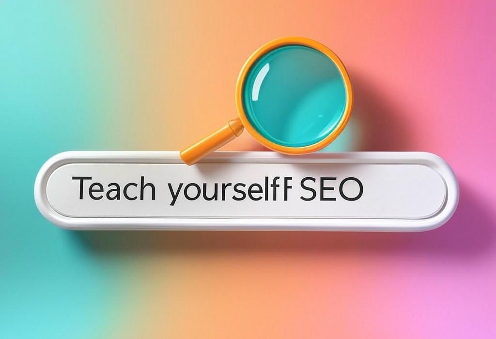 A search bar and a magnifying glass with a vivid gradient background exploring the topic of Teach yourself SEO with our proven step-by-step guide for beginners. Unlock the secrets to higher rankings without expensive courses. Start ranking higher in just weeks!