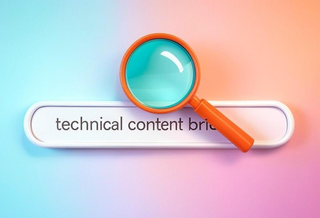 A search bar and a magnifying glass with a vivid gradient background exploring the topic of Technical content briefs unlock winning SEO content. Learn how to create powerful briefs that align with search intent and guide writers to craft content that actually ranks.