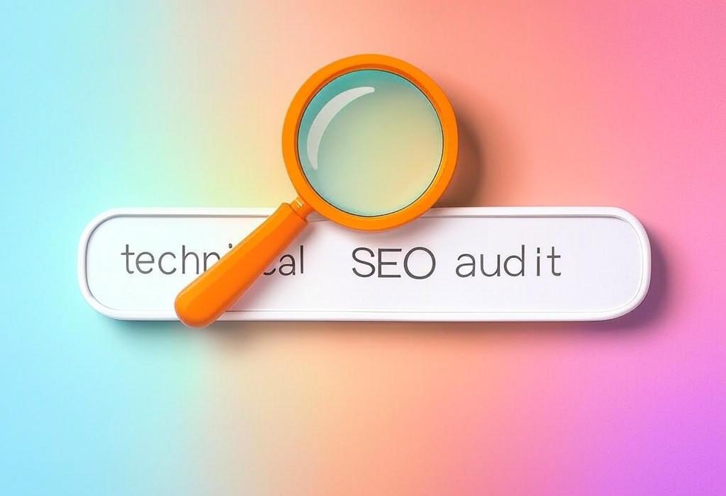 A search bar and a magnifying glass with a vivid gradient background exploring the topic of Technical SEO audit made simple: Uncover hidden site issues that rob your rankings. Boost visibility and fix critical problems with our step-by-step guide. See results fast!