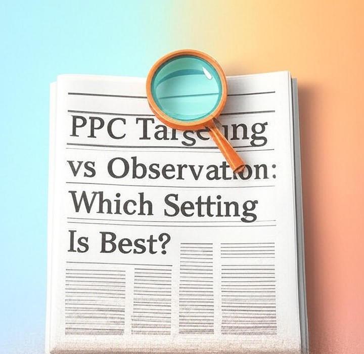 A newspaper and a magnifying glass with a vivid gradient background exploring the topic of Targeting vs. Observation: This one PPC setting could be costing you money. Learn how to choose the right one to gather data without limiting your campaign's reach.