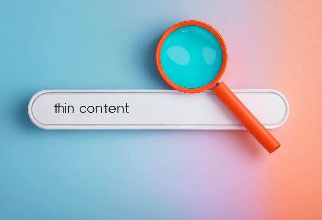 A search bar and a magnifying glass with a vivid gradient background exploring the topic of Thin content can kill your SEO rankings! Discover what Google considers low value, why it hurts your site, and how to fix it before your traffic disappears. Get actionable solutions now.