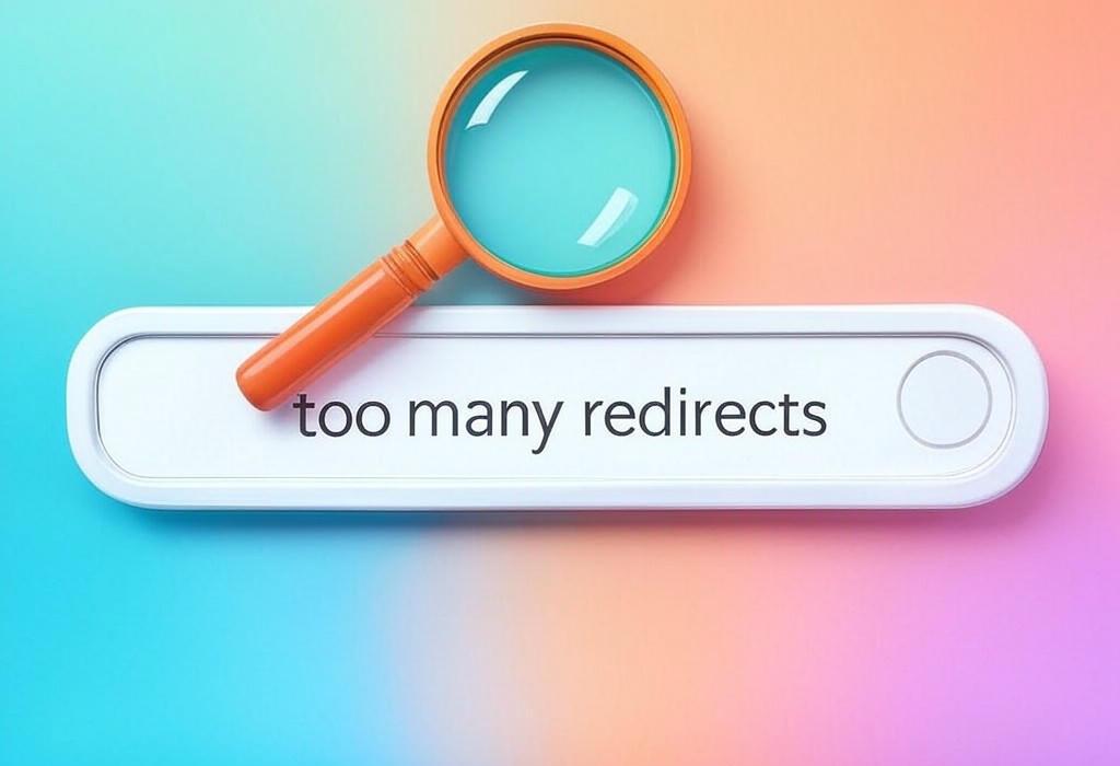 A search bar and a magnifying glass with a vivid gradient background exploring the topic of Too many redirects driving you crazy? Learn why your browser shows this error and discover quick fixes to get your website back on track. No more endless loops!