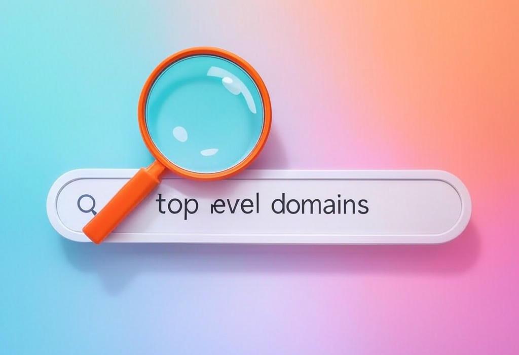 A search bar and a magnifying glass with a vivid gradient background exploring the topic of Top level domains explained: Discover how .com, .org, and other TLDs impact your website's credibility and search rankings. Unlock the secret to choosing the perfect domain!