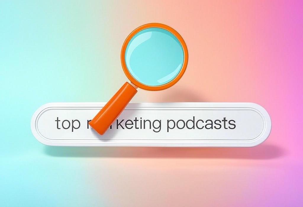A search bar and a magnifying glass with a vivid gradient background exploring the topic of Discover top marketing podcasts that will skyrocket your skills! Experts share insider secrets to help you outsmart competitors and grow your brand. Ready to level up your marketing game?