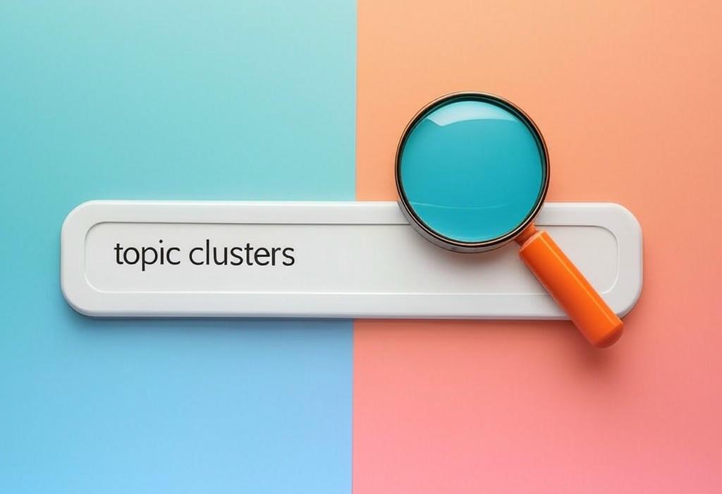 A search bar and a magnifying glass with a vivid gradient background exploring the topic of Topic clusters revolutionize your SEO strategy by organizing content like a pro. Boost rankings, drive more traffic, and keep readers engaged with this powerful content approach.