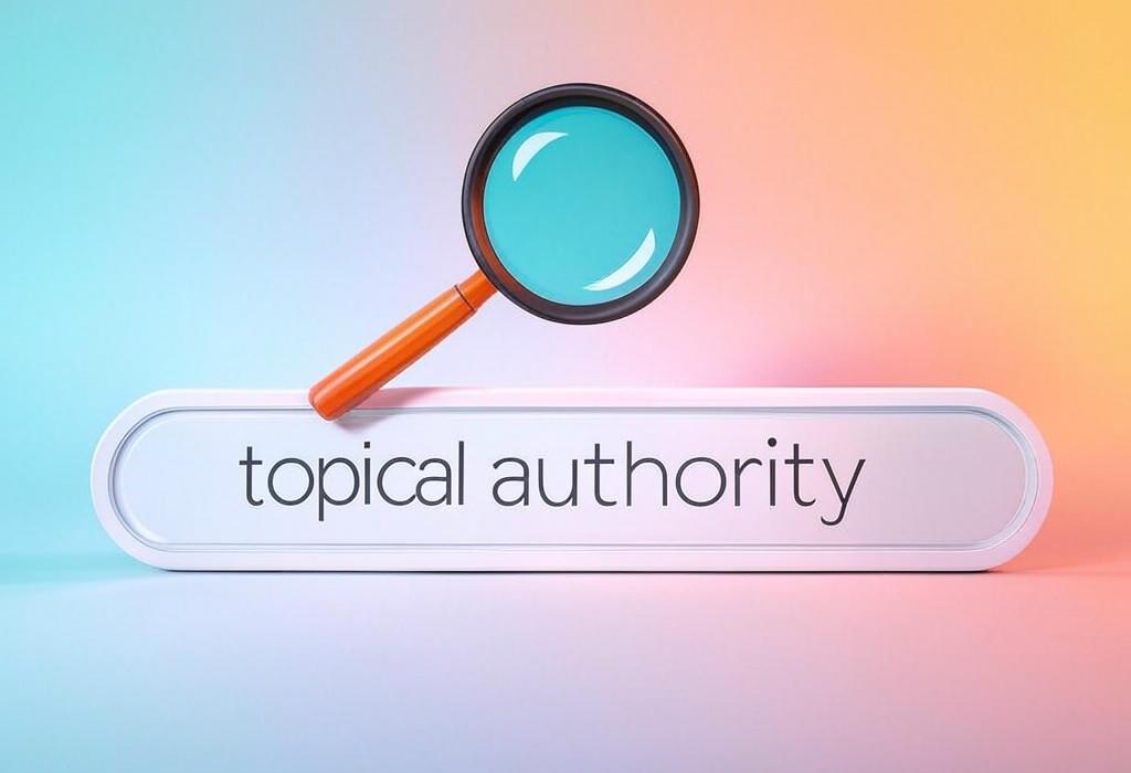 A search bar and a magnifying glass with a vivid gradient background exploring the topic of Topical authority unlocks higher rankings and sets you apart from competitors. Discover expert strategies to become the go-to source in your niche and watch your traffic soar!