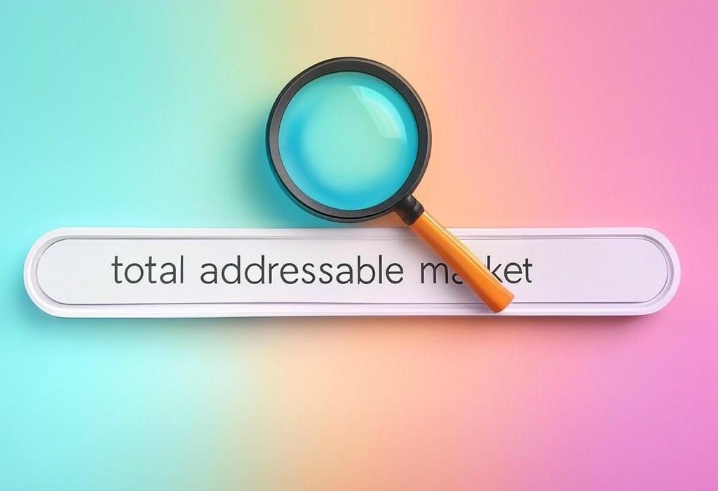 A search bar and a magnifying glass with a vivid gradient background exploring the topic of Total addressable market: Learn how to calculate your business potential and discover untapped opportunities. Maximize growth by understanding your true market scope!