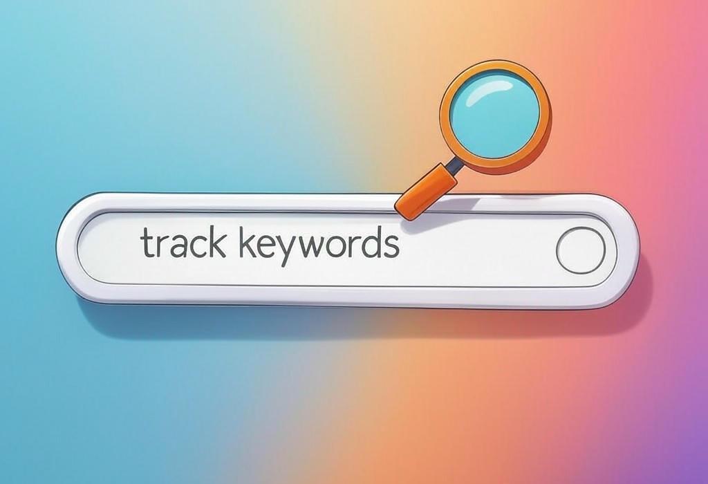A search bar and a magnifying glass with a vivid gradient background exploring the topic of Track keywords like a pro with our insider tips! Discover how to monitor your rankings, stay ahead of competitors, and boost your SEO performance. Start climbing those search results today.