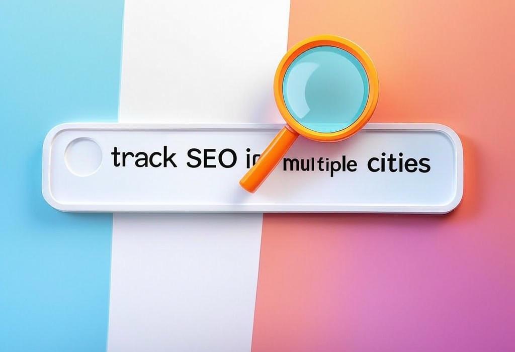 A search bar and a magnifying glass with a vivid gradient background exploring the topic of Track SEO in multiple cities effortlessly with our proven methods. Boost local rankings, outshine competitors, and grow your business across locations. Get started now!