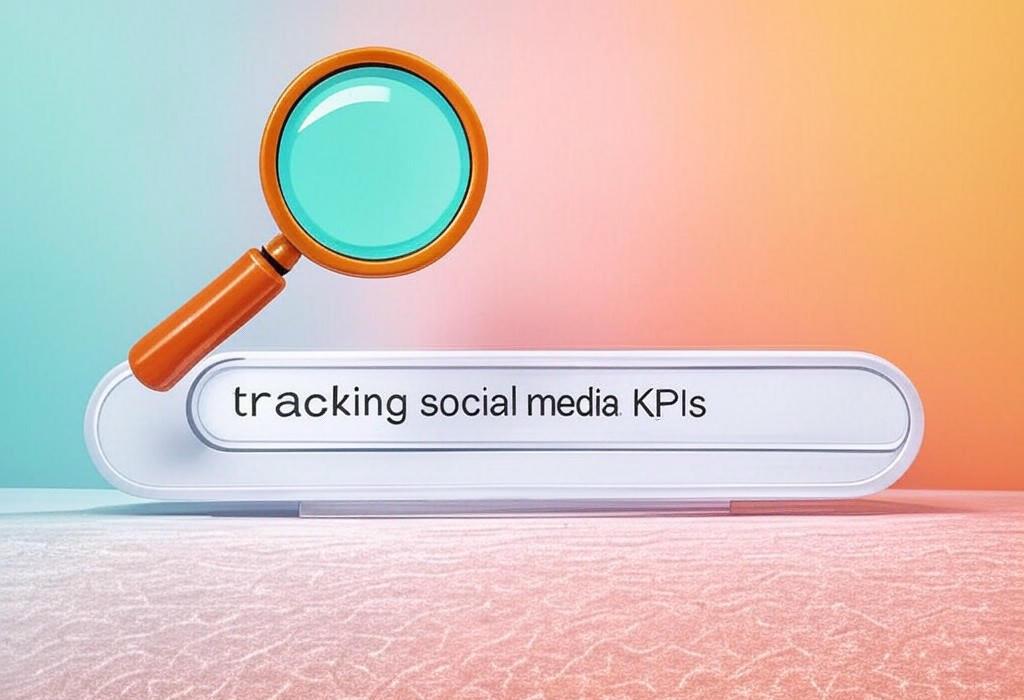 A search bar and a magnifying glass with a vivid gradient background exploring the topic of Tracking social media KPIs doesn't have to be complicated! Learn the essential metrics that will transform your strategy and skyrocket your online performance. See results fast!